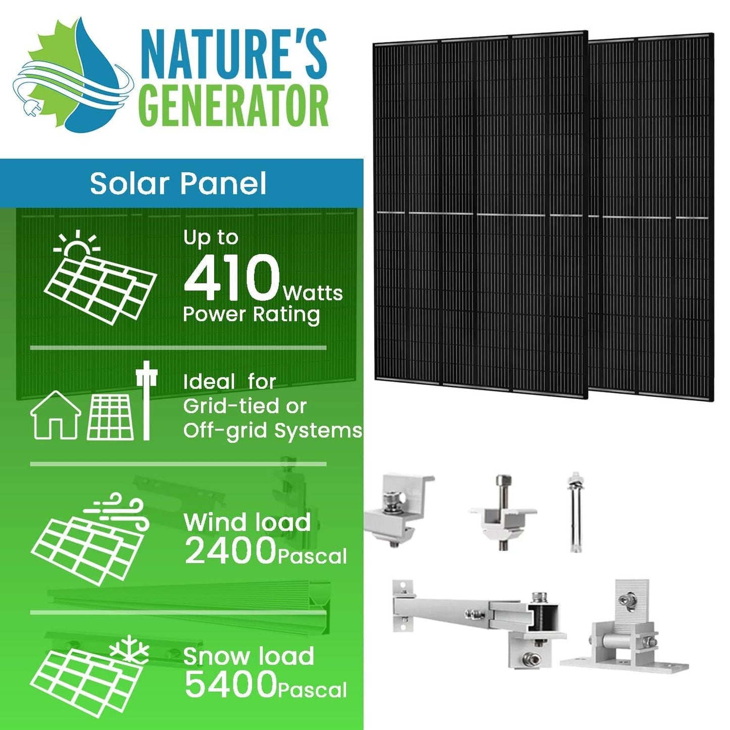 410 Watt Monocrystalline Solar Panel (4 Pack) With Solar Panel Mount Rack - East Bay Industries