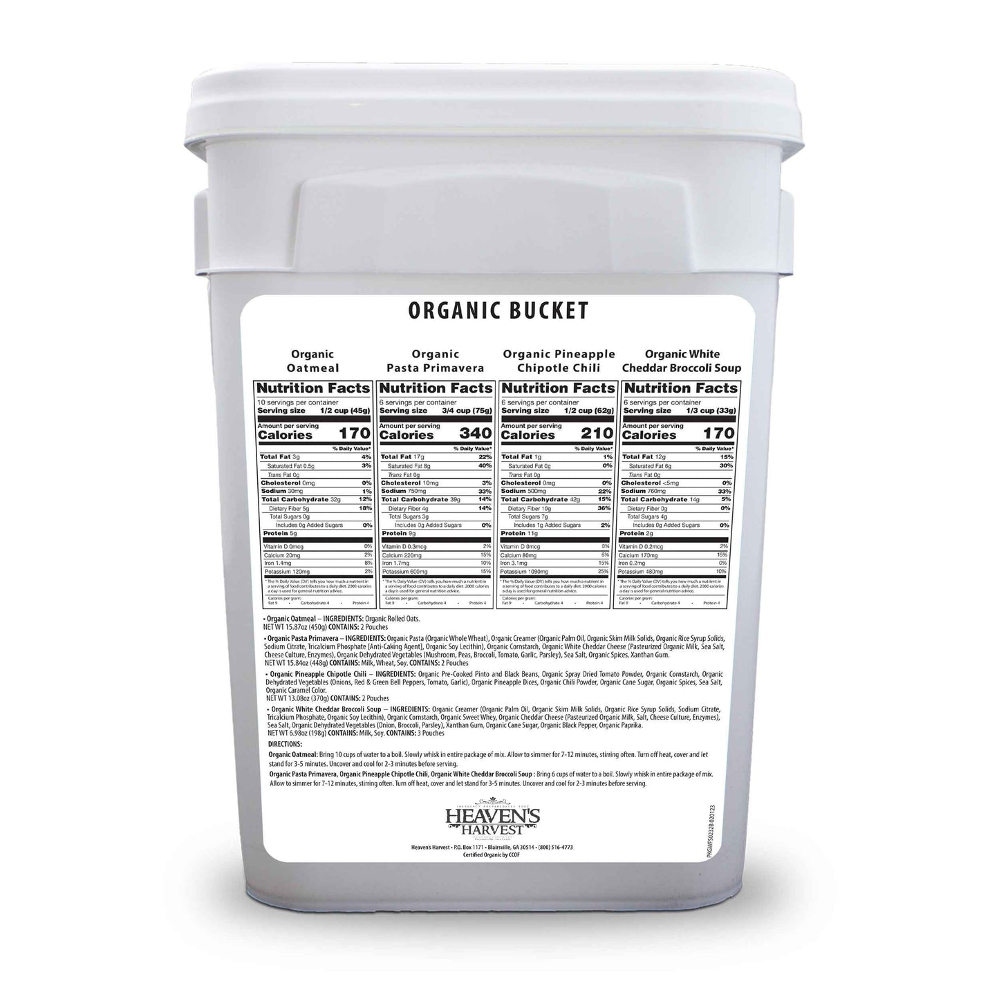 Organic Meal Bucket - 12 Pack - Emergency Food Survival Kit