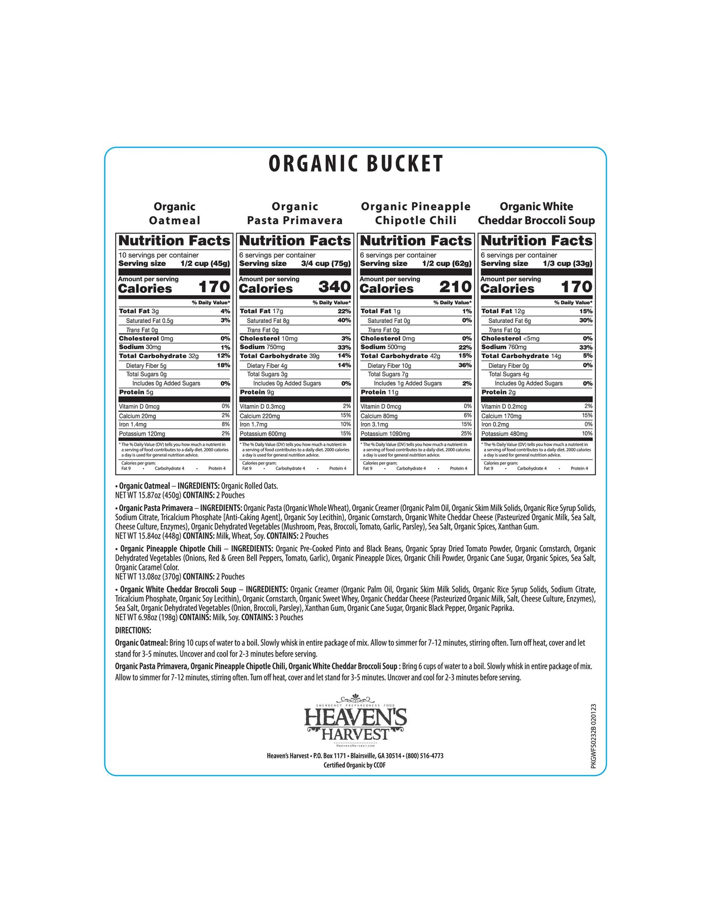Organic Meal Bucket - 1 Person 1 Week - 62 Servings - Emergency Food Survival Kit - East Bay Industries