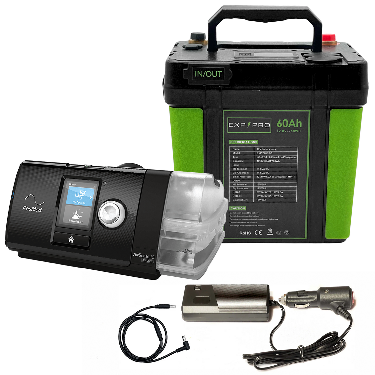 EXP240PRO CPAP Battery with DC Cord | Portable, Solar Rechargeable LiFePO4 Battery