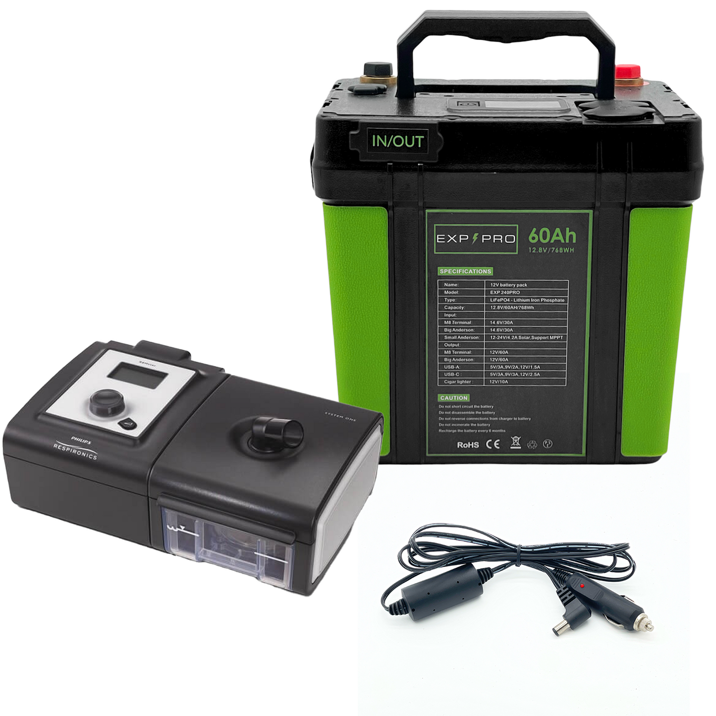 EXP240PRO CPAP Battery with DC Cord | Portable, Solar Rechargeable LiFePO4 Battery
