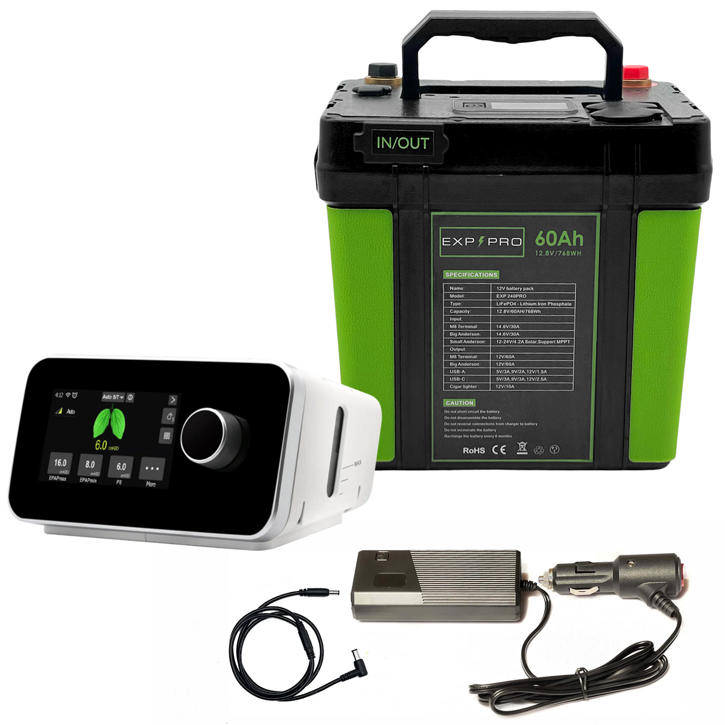 EXP240PRO CPAP Battery with DC Cord | Portable, Solar Rechargeable LiFePO4 Battery