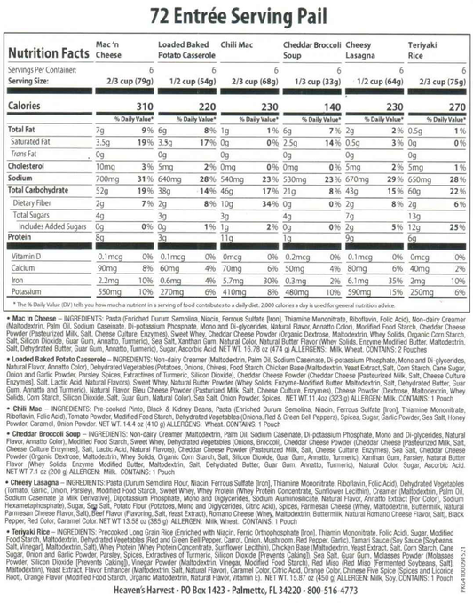 Entree Bucket - 1 Person 1 Month - 72 Servings - Emergency Survival Food Kit - East Bay Industries