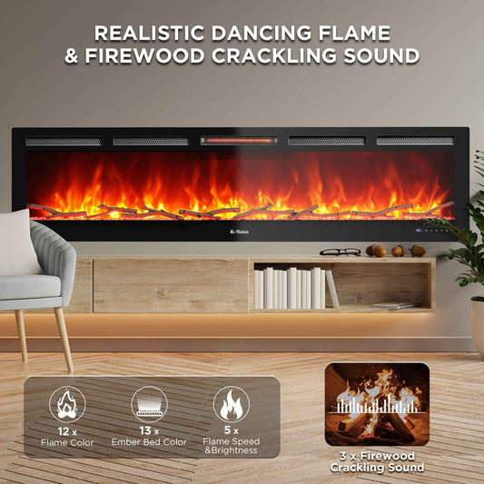 In Flames INF72W-3D WiFi Smart Wall Mounted Electric Fireplace - Tempered Glass