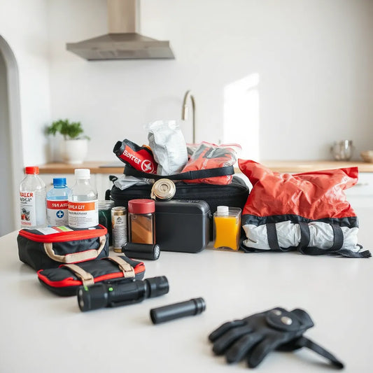 Emergency supplies kit on a kitchen table with first aid, flashlight, batteries, and go-bag items