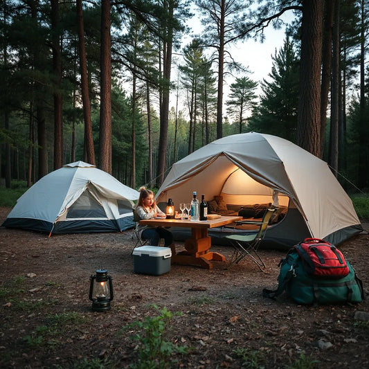 Family setting up a tent at a forest campsite with camping chairs, lanterns, and packed gear nearby