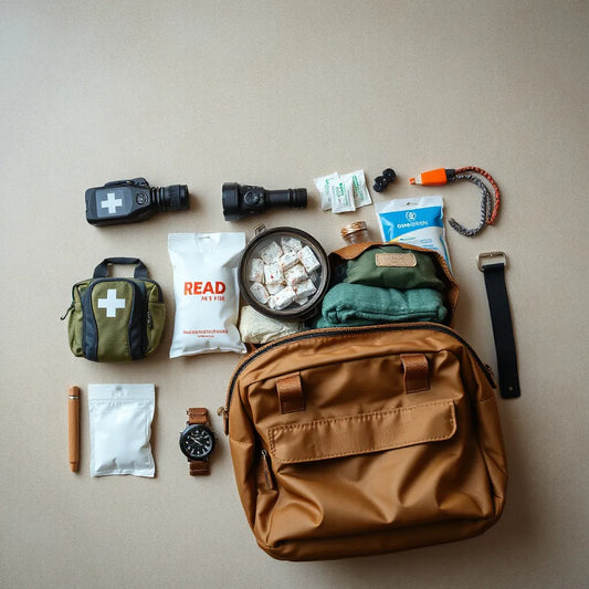 Emergency preparedness items neatly packed, including first aid supplies, flashlight, and thermal blanket