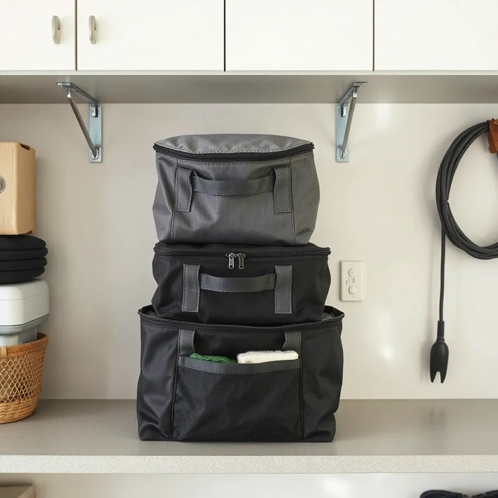 Reinforced durable storage bags with zippers and handles neatly organized on a shelf