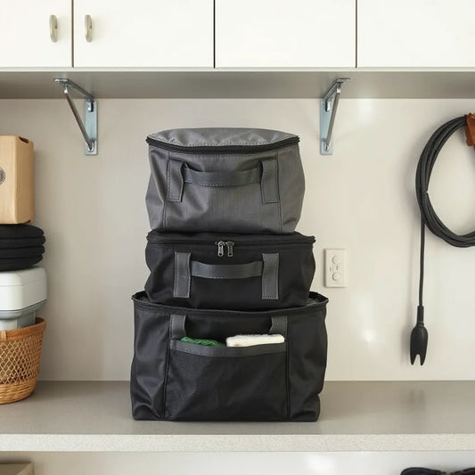 Reinforced durable storage bags with zippers and handles neatly organized on a shelf