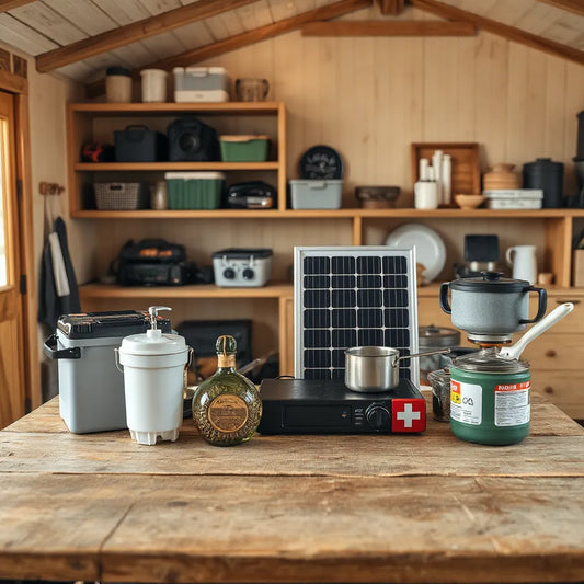 Self-reliance essentials arranged indoors: solar power, water filter, stove, storage bins, and first aid kit