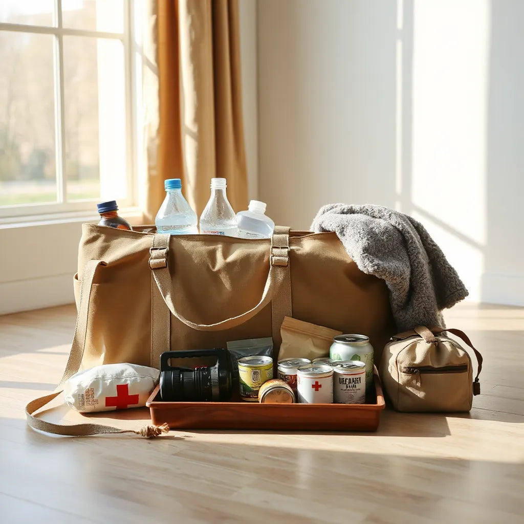 Eco-friendly emergency tote with water containers, first-aid items, flashlight, and non-perishable food essentials