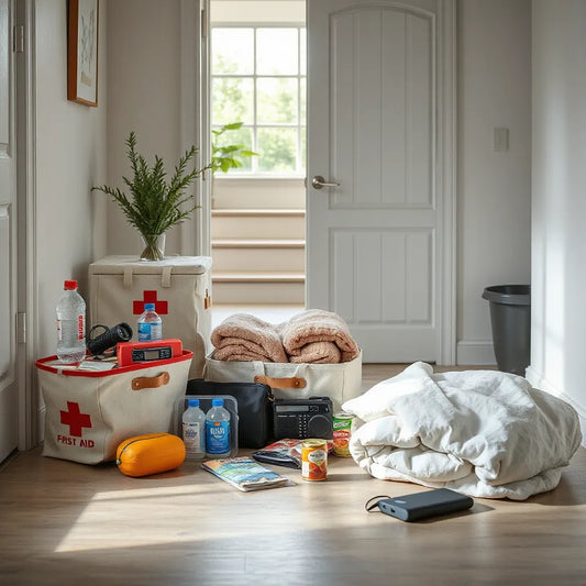 Neatly organized emergency supplies kit with first aid, flashlight, water, and food at home entrance