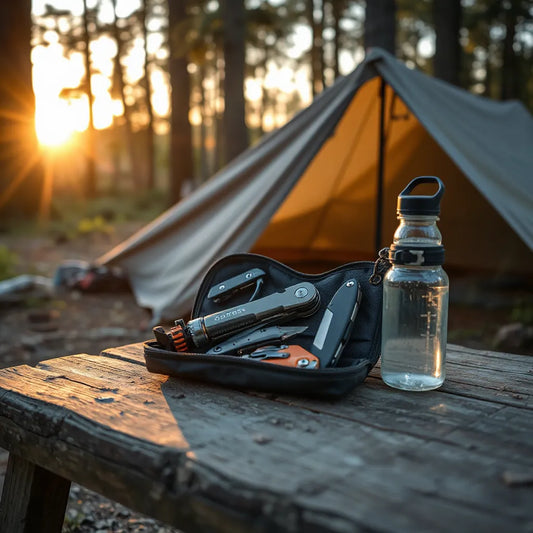 Assorted compact multi-functional outdoor tools and gear on a campsite table with forest background