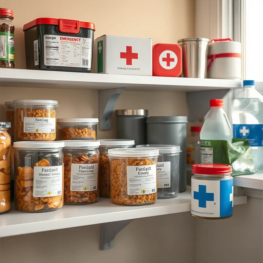 Sealed emergency food containers and water stored neatly on pantry shelves for preparedness planning