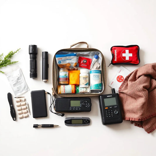 Organized emergency supplies with flashlight, first-aid items, and power tools for disaster readiness