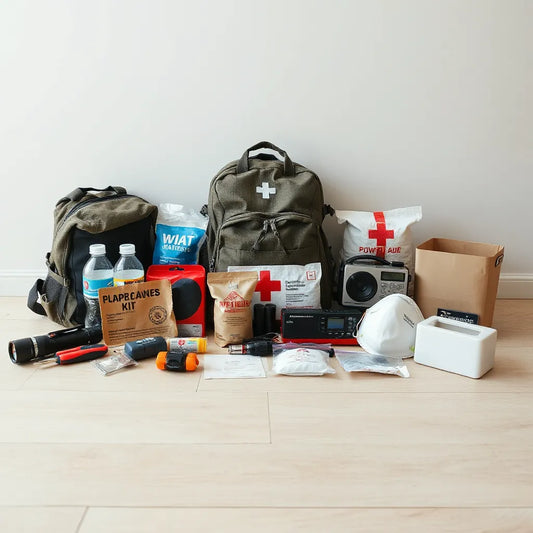 Organized emergency supplies including first aid, flashlight, water, and a survival backpack
