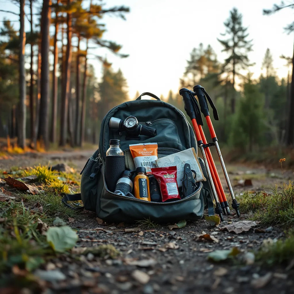 Hiking backpack with neatly arranged trail essentials like water bottle, first aid kit, rain jacket, and trekking poles