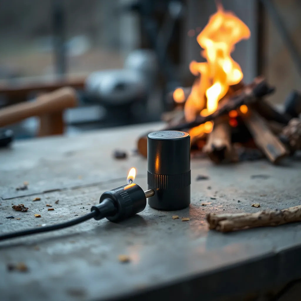 Fire starter plugs beside kindling near a small campfire with a soft flame glow in the background