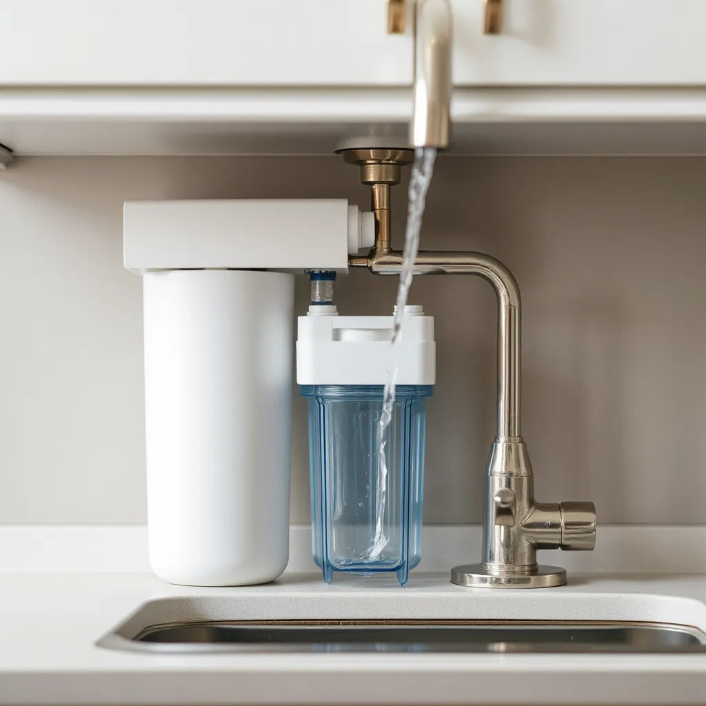 Under-sink water purification system with connected filters and clear tubing near a faucet