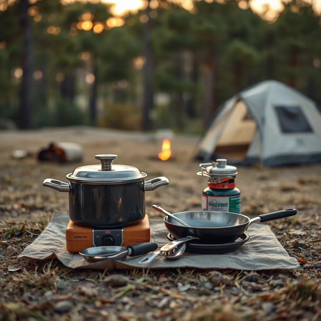 Camping cookware set with pot, pan, and utensils on a portable stove at an outdoor campsite