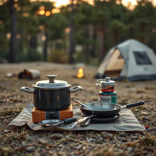 Camping cookware set with pot, pan, and utensils on a portable stove at an outdoor campsite