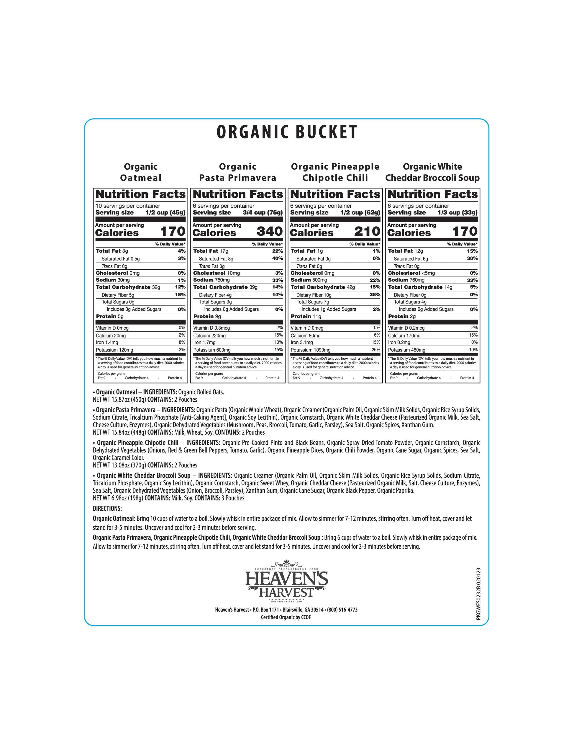Organic Meal Bucket - 1 Person 1 Week - 62 Servings - Emergency Food Survival Kit - East Bay Industries