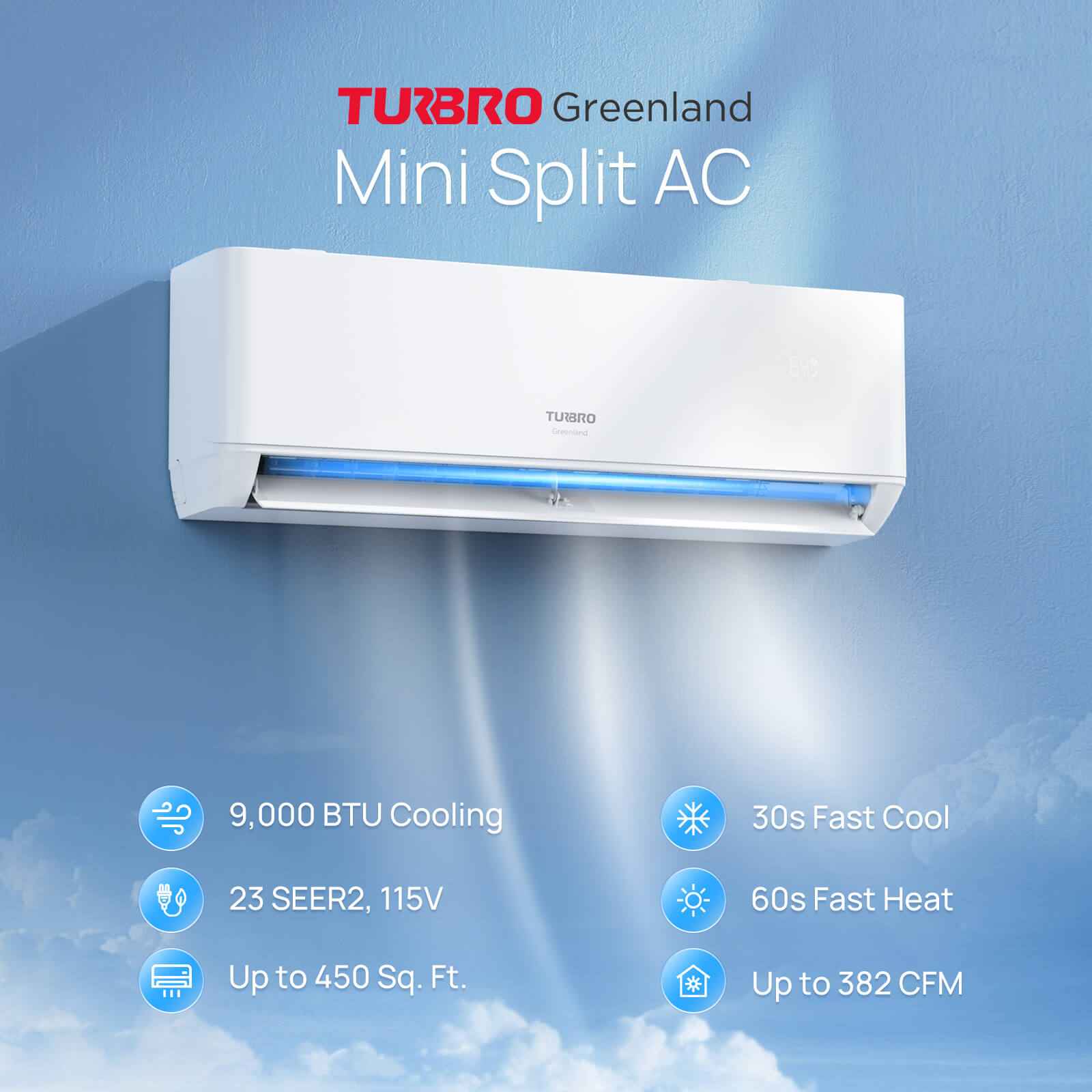 Greenland 9000 BTU WiFi Ductless Mini Split AC with Heat Pump (R454B)