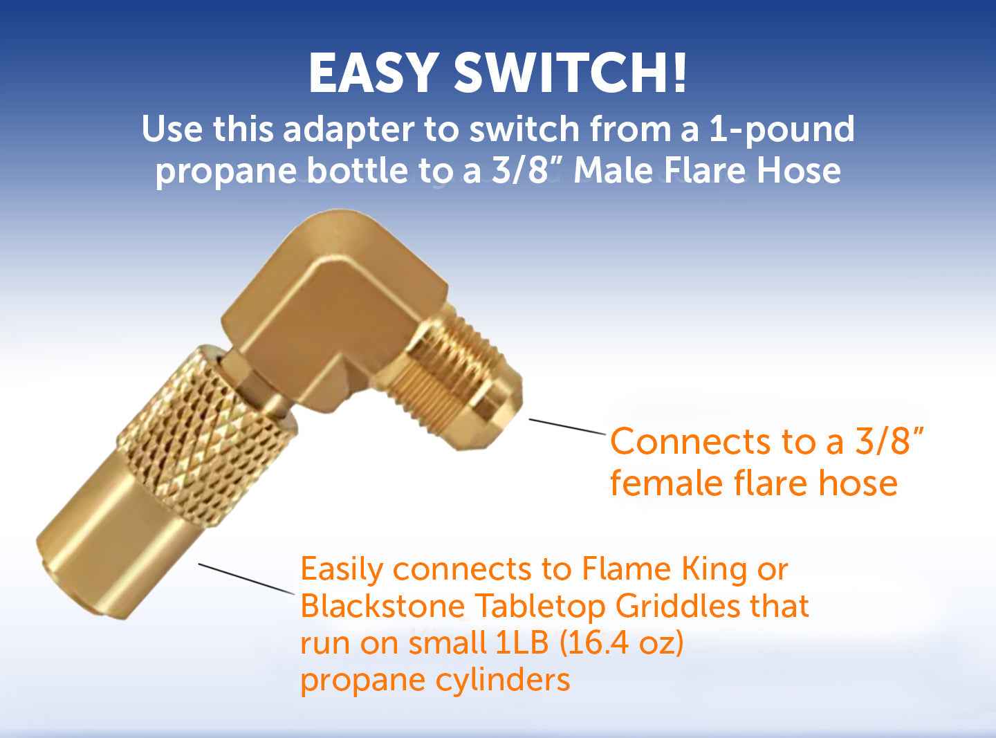 Flame King Elbow Adapter with 3/8" Male Flare for 17" or 22" Griddle