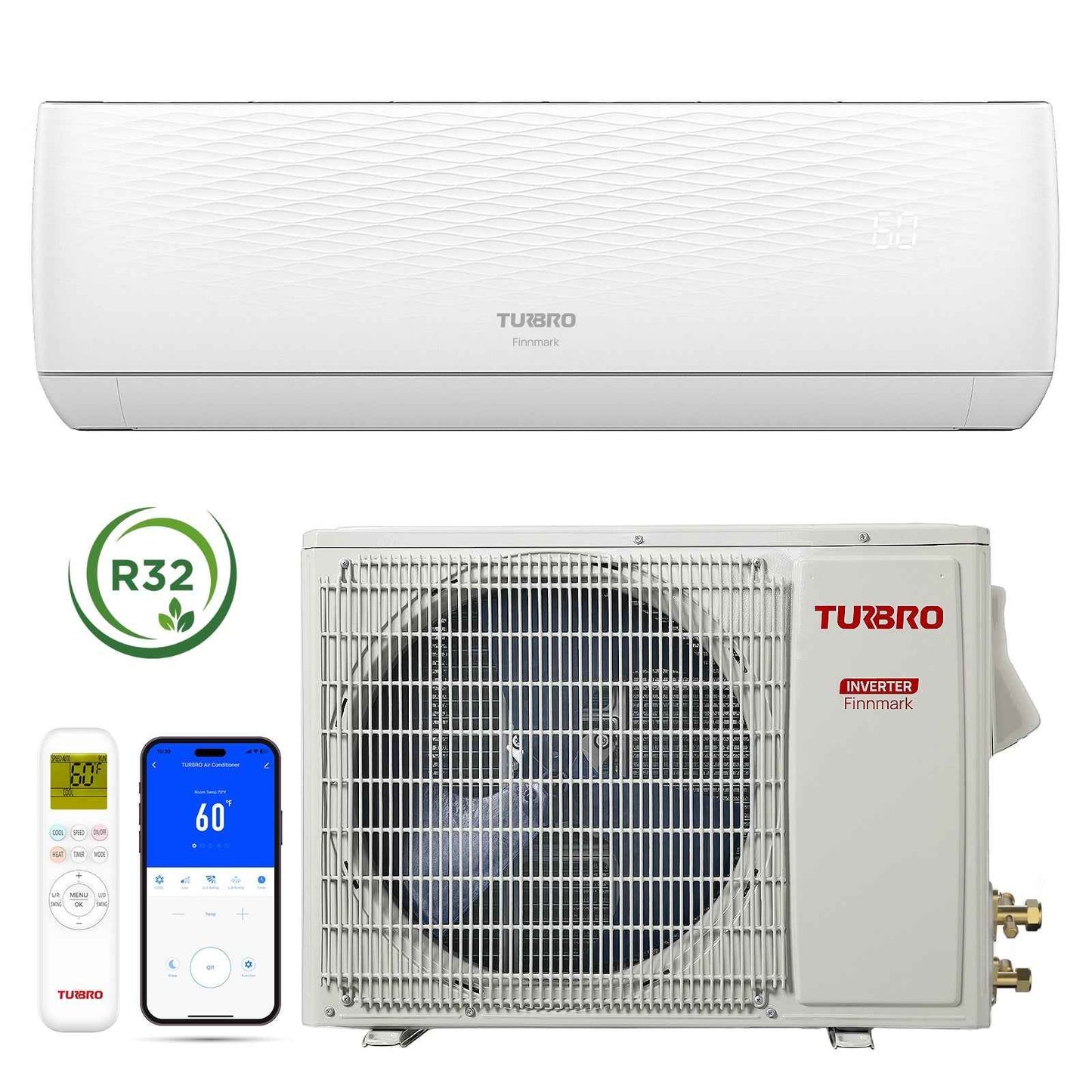 Finnmark 12000 BTU WiFi Ductless Mini Split AC with Heat Pump, 115V/230V (R32)