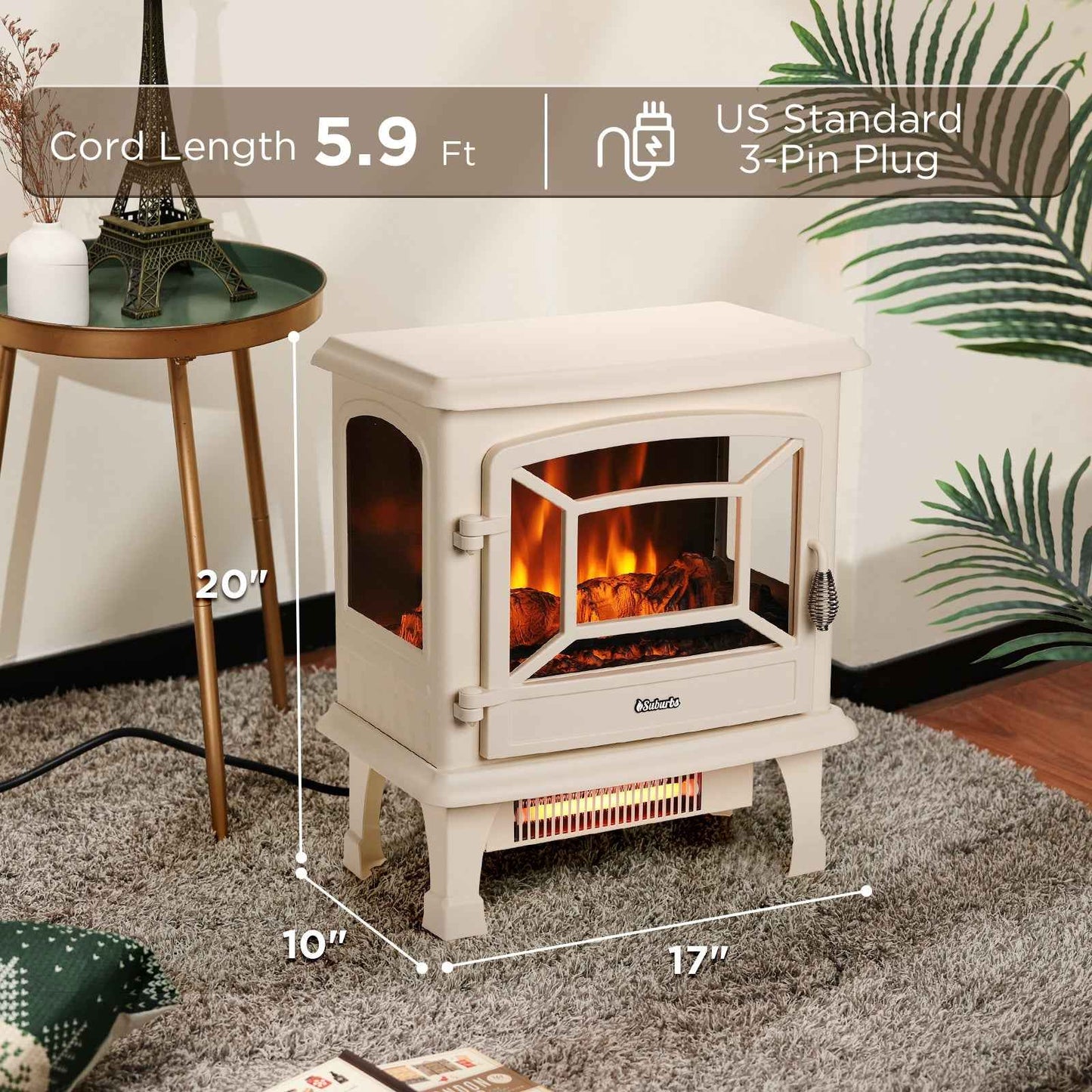Suburbs TS20-SD Electric Fireplace Stove Heater with Sound
