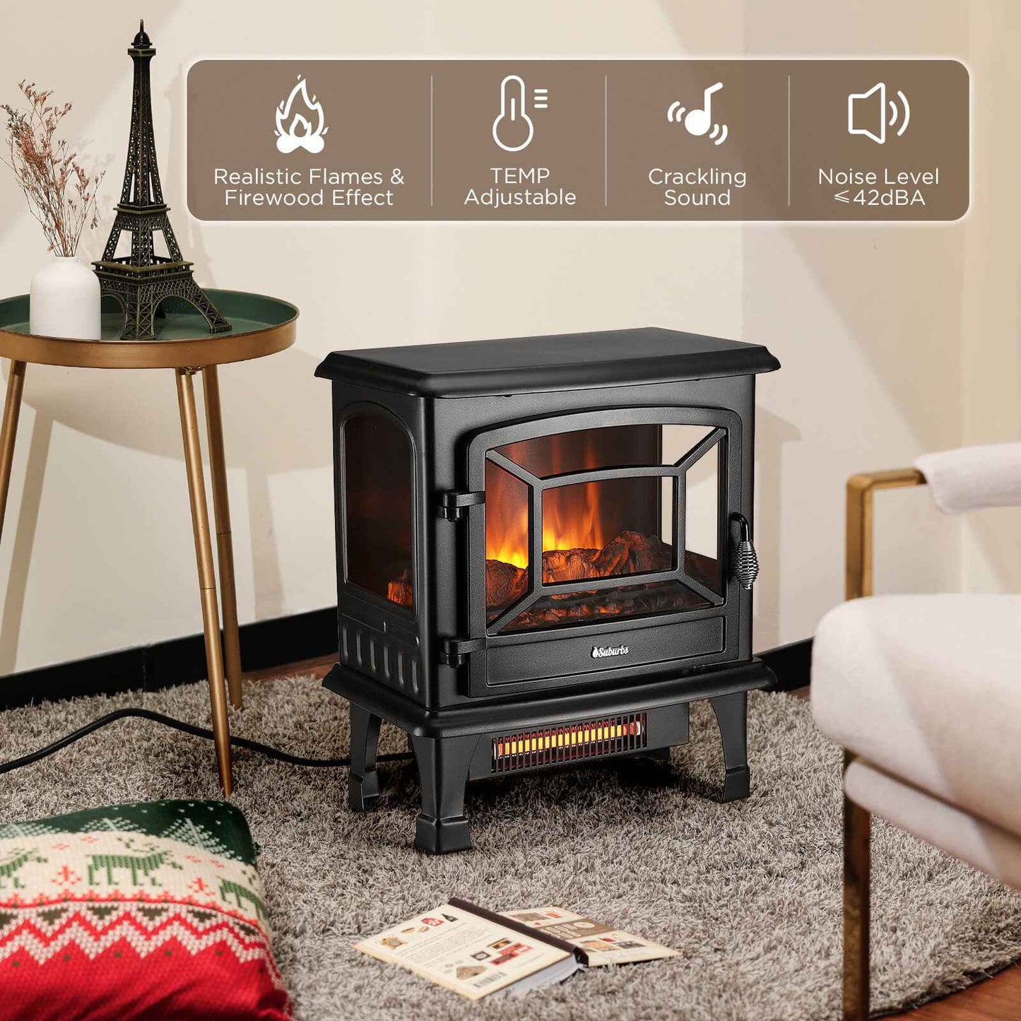 Suburbs TS20-SD Electric Fireplace Stove Heater with Sound