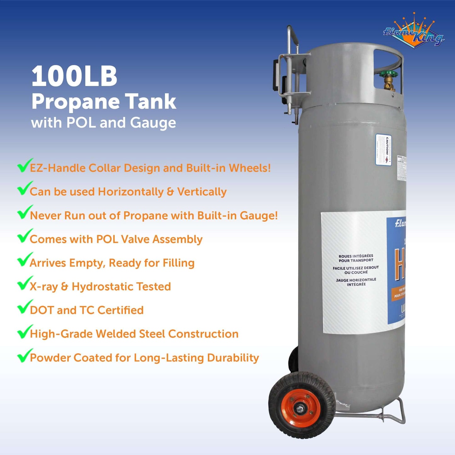 Flame King 100lb Propane Tank with Wheels for Outdoor Use