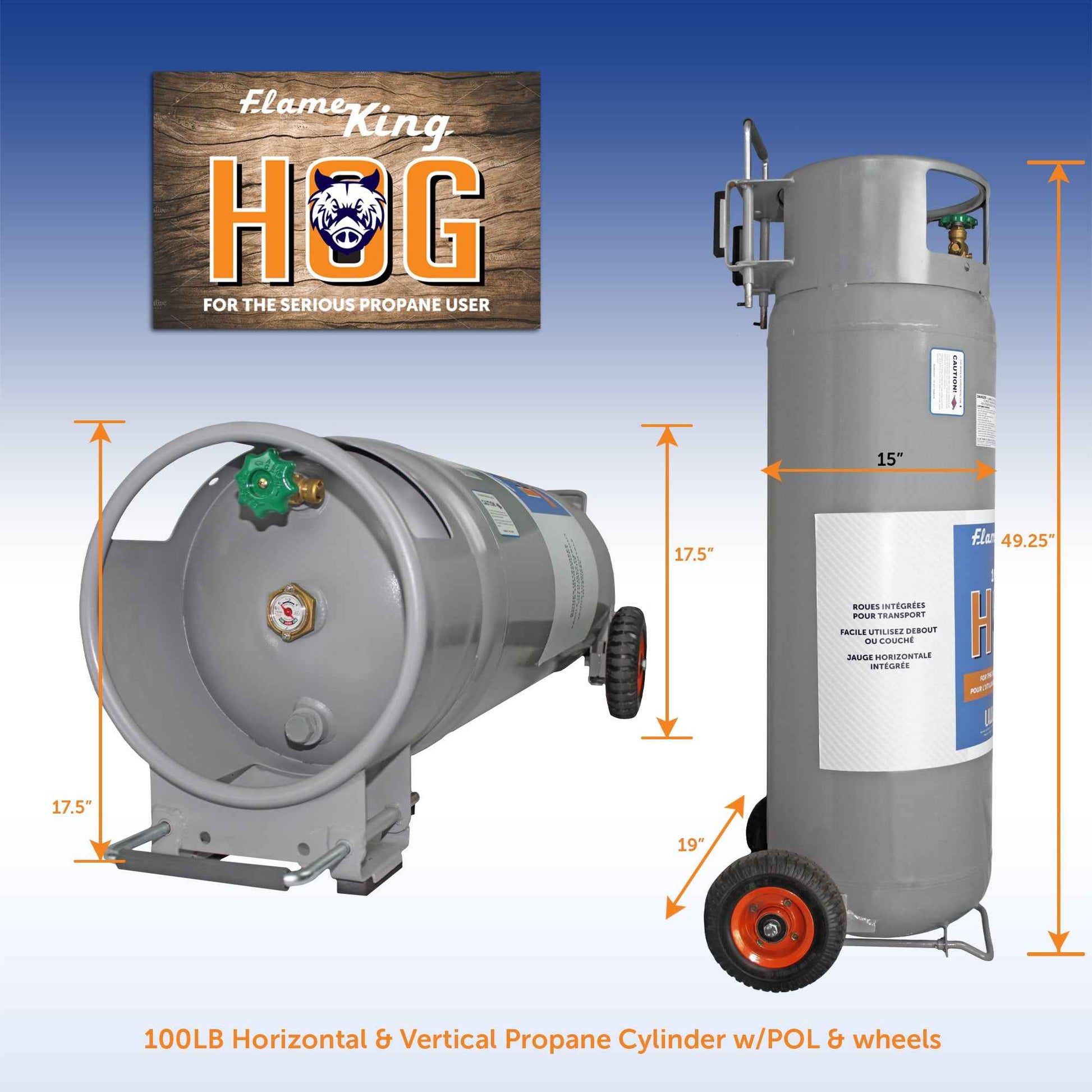 Flame King 100lb Empty Horizontal & Vertical Propane Cylinder with POL & Wheels