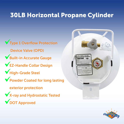 Flame King 30lb Horizontal Propane Cylinder Tank With Valve and Gauge RV Trailer