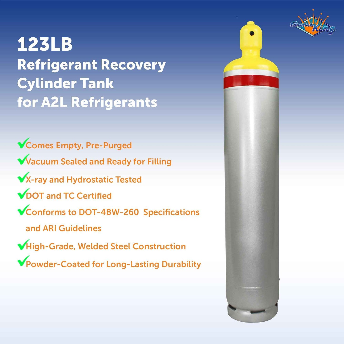 Flame King 123lb Refrigerant Cylinder Tank with Multi Valve for A2L Refrigerants