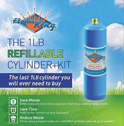 Flame King Eco Friendly Sustainable 1lb Refillable Propane Cylinder + Kit 14.1 oz